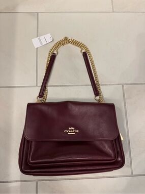Coach Leather Shoulder Bag in Wine with Gold Chain